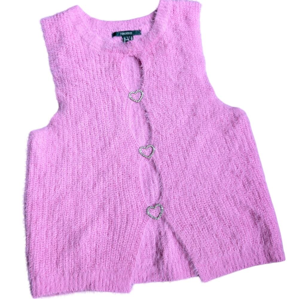 Pink Fuzzy Knit Button Up Vest Top Medium Y2K McBling 2010s Forever 21 Soft-Girl